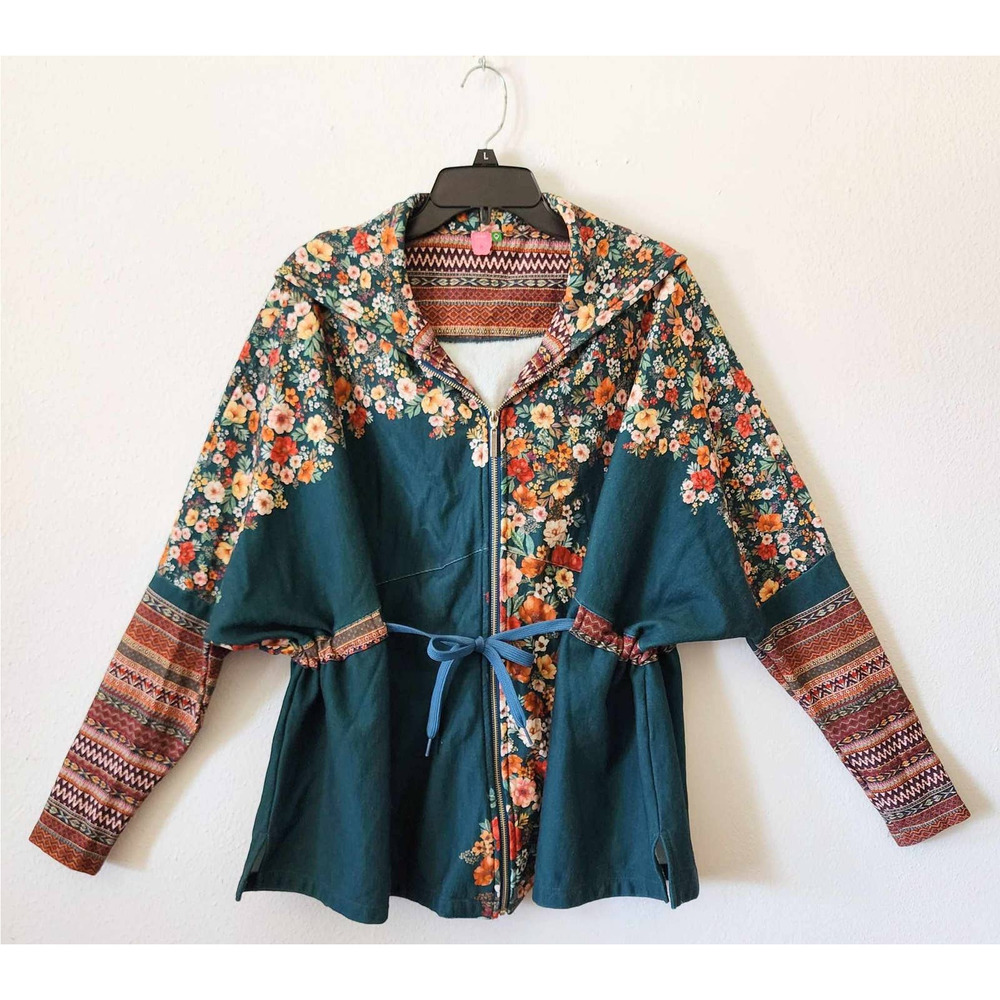 FARM Rio Teal Floral Hooded Jacket with Multicolor Trim